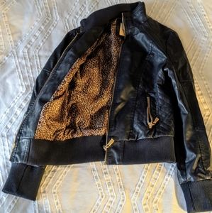 Blue Artificial Leather Jacket Leopard Print Liner